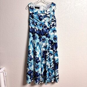 Evan‎ Picone Black Label Floral Dress Blue Fit Flare Womens 14